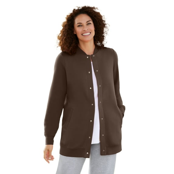 Woman Within Plus Size Fleece Baseball Jacket Long Oversized Fleece Coat