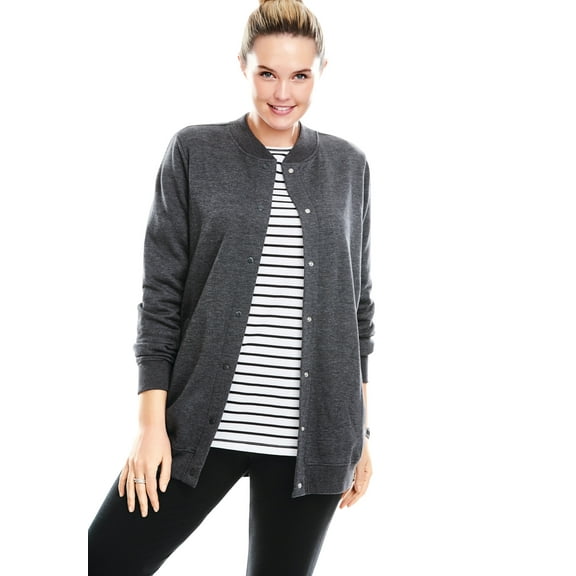 Woman Within Plus Size Fleece Baseball Jacket Long Oversized Fleece Coat