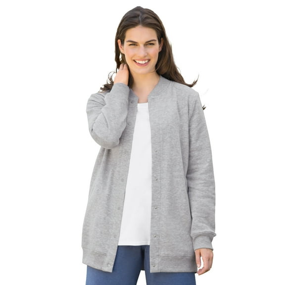 Woman Within Plus Size Fleece Baseball Jacket Long Oversized Fleece Coat
