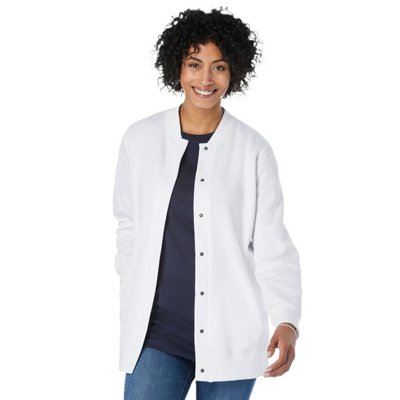 Woman Within Plus Size Fleece Baseball Jacket Long Oversized Fleece Coat