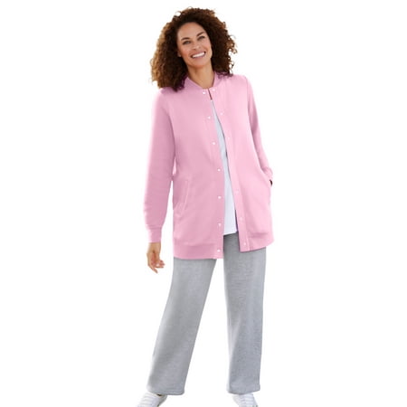 Woman Within Plus Size Fleece Baseball Jacket Long Oversized Fleece Coat