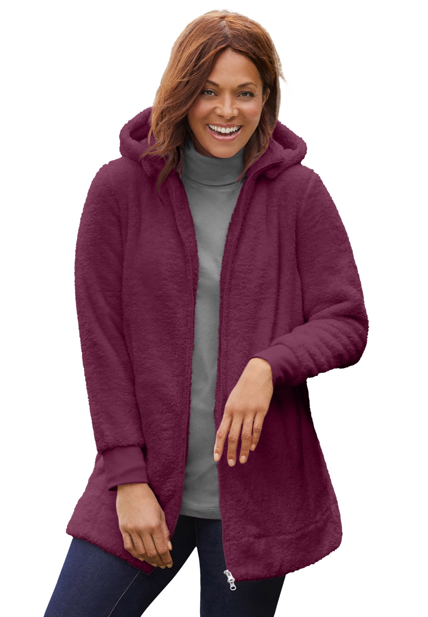 Woman Within Plus Size Fleece Hooded Jacket Long Oversized Zip Up Fuzzy Hoodie