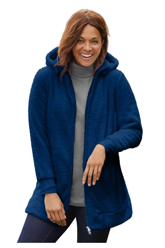 Plus Size Fleece Hooded Jacket Long Oversized Zip-Up Fuzzy Hoodie