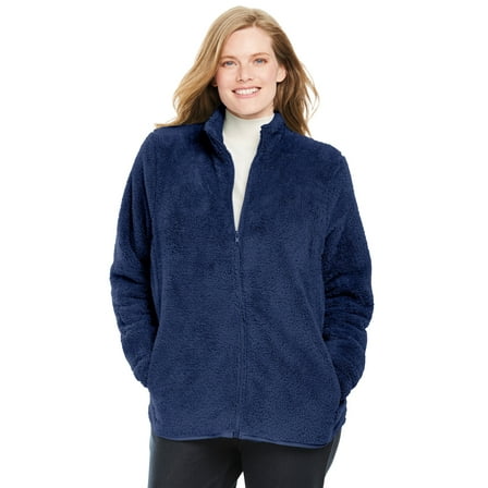 Woman Within Plus Size Fluffy Fleece Jacket Oversized Zip-Up Jacket