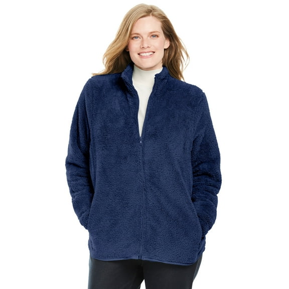 Woman Within Plus Size Fluffy Fleece Jacket Oversized Zip-Up Jacket