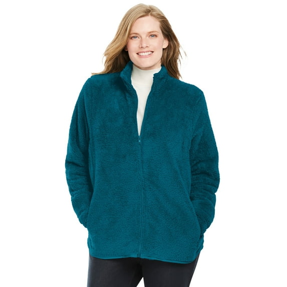 Woman Within Plus Size Fluffy Fleece Jacket Oversized Zip-Up Jacket