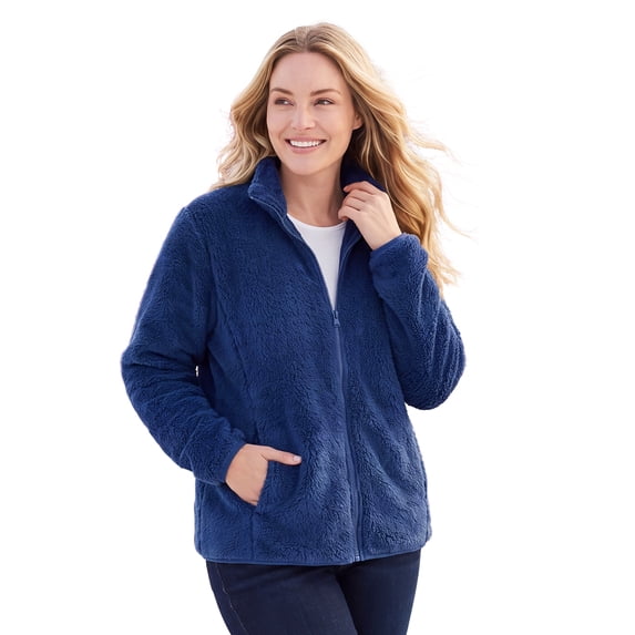 Woman Within Fluffy Fleece Jacket Oversized Zip-Up Jacket