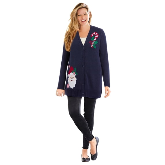 Woman Within Plus Size Holiday Motif Cardigan Sweater