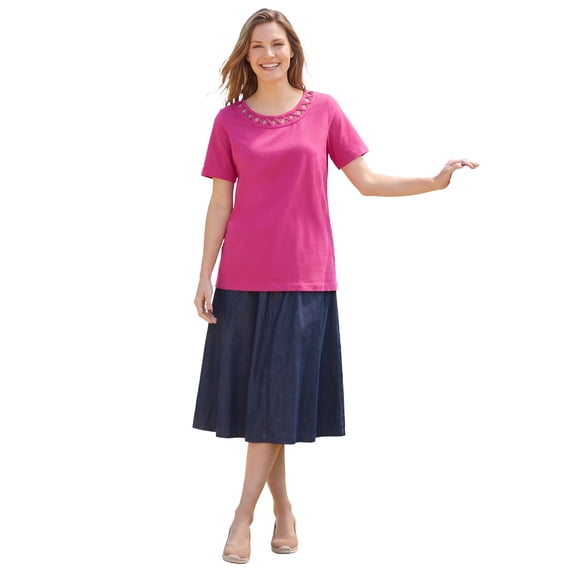 Woman Within Plus Size Lattice Neck Tee