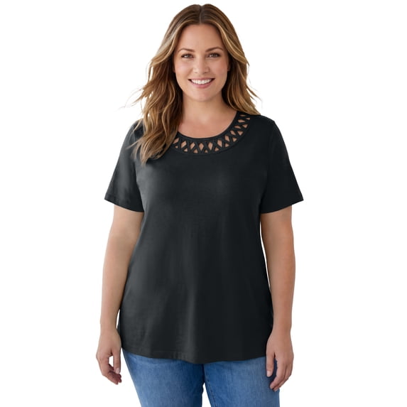 Woman Within Plus Size Lattice Neck Tee