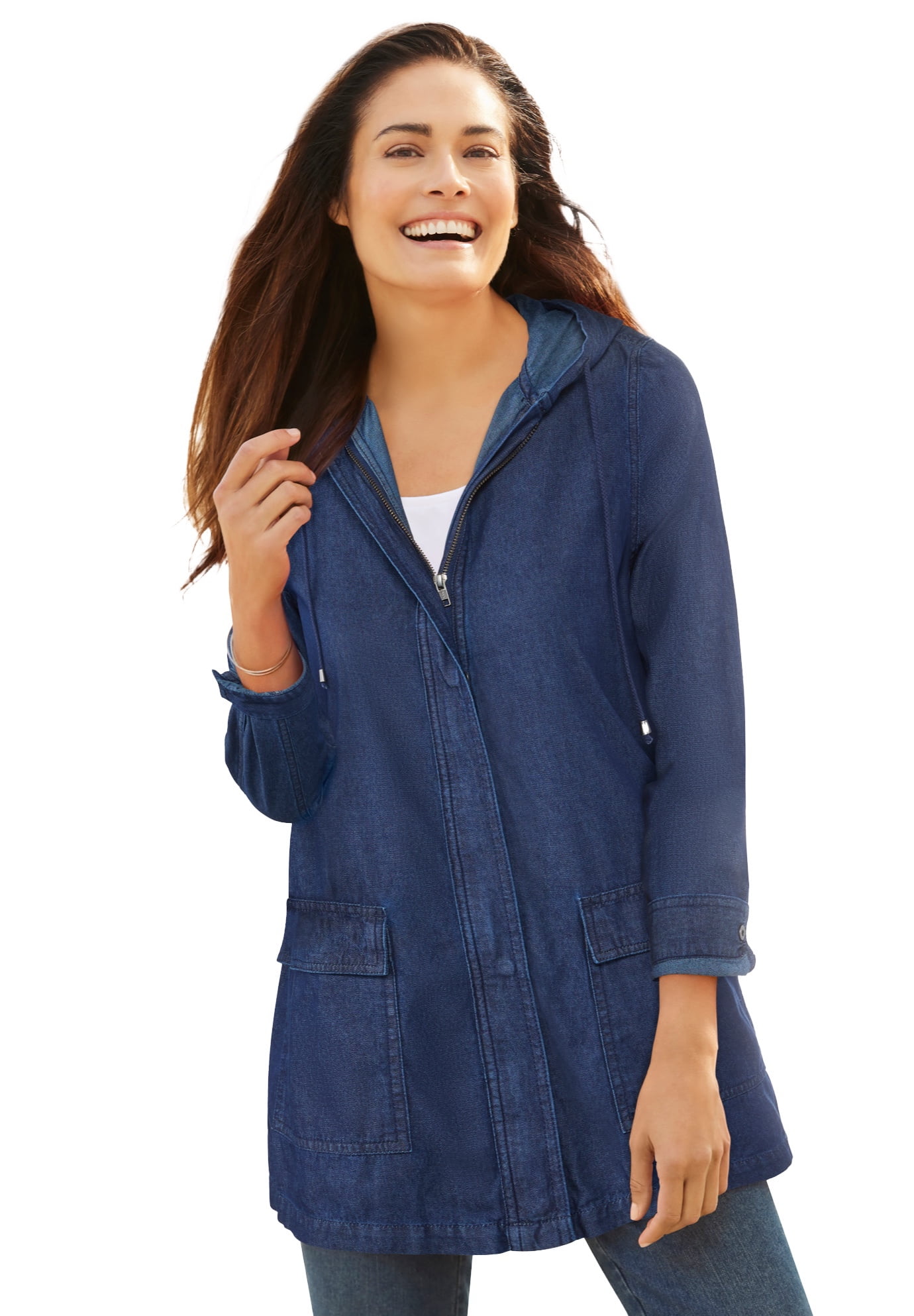 Woman Within Plus Size Lightweight Hooded Jacket Long Oversized