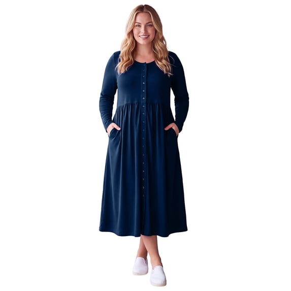 Woman Within Plus Size Long-Sleeve Button-Front Knit Dress