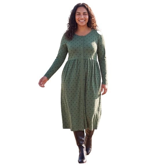 Woman Within Plus Size Long-Sleeve Button-Front Knit Dress