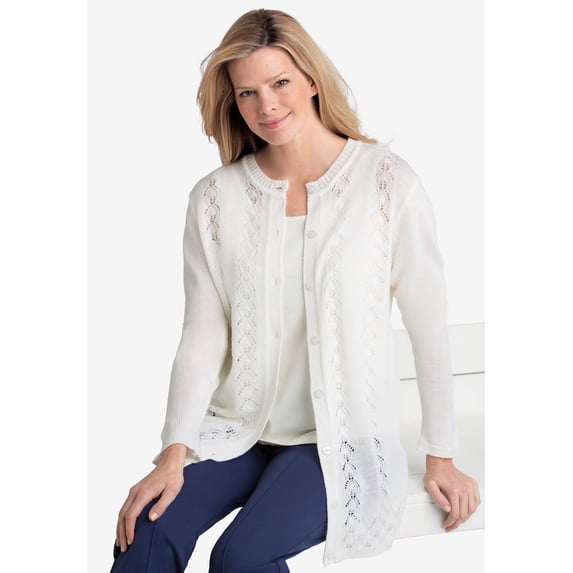 Woman Within Plus Size Long-Sleeve Pointelle Cardigan Sweater
