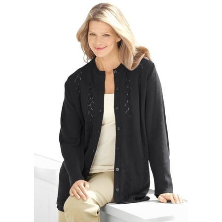 Woman Within Plus Size Long-Sleeve Pointelle Cardigan Sweater