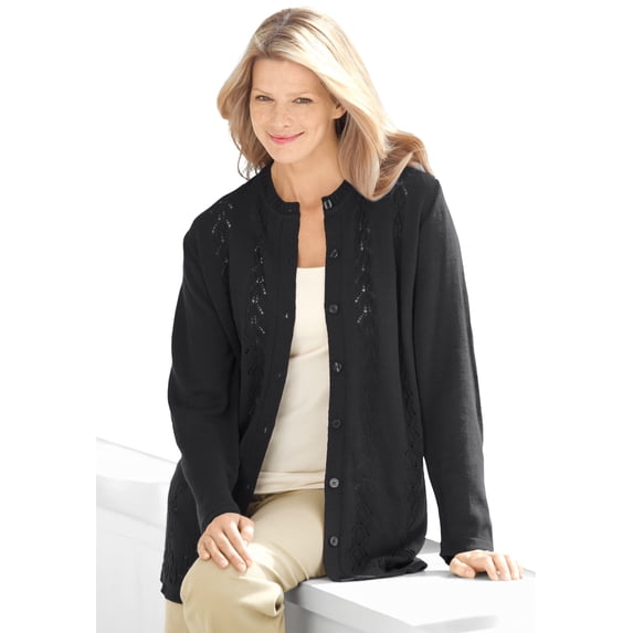 Woman Within Plus Size Long-Sleeve Pointelle Cardigan Sweater