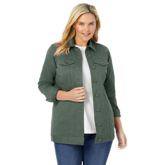 Woman Within Plus Size Long Stretch Denim Jacket Oversized Jean Jacket