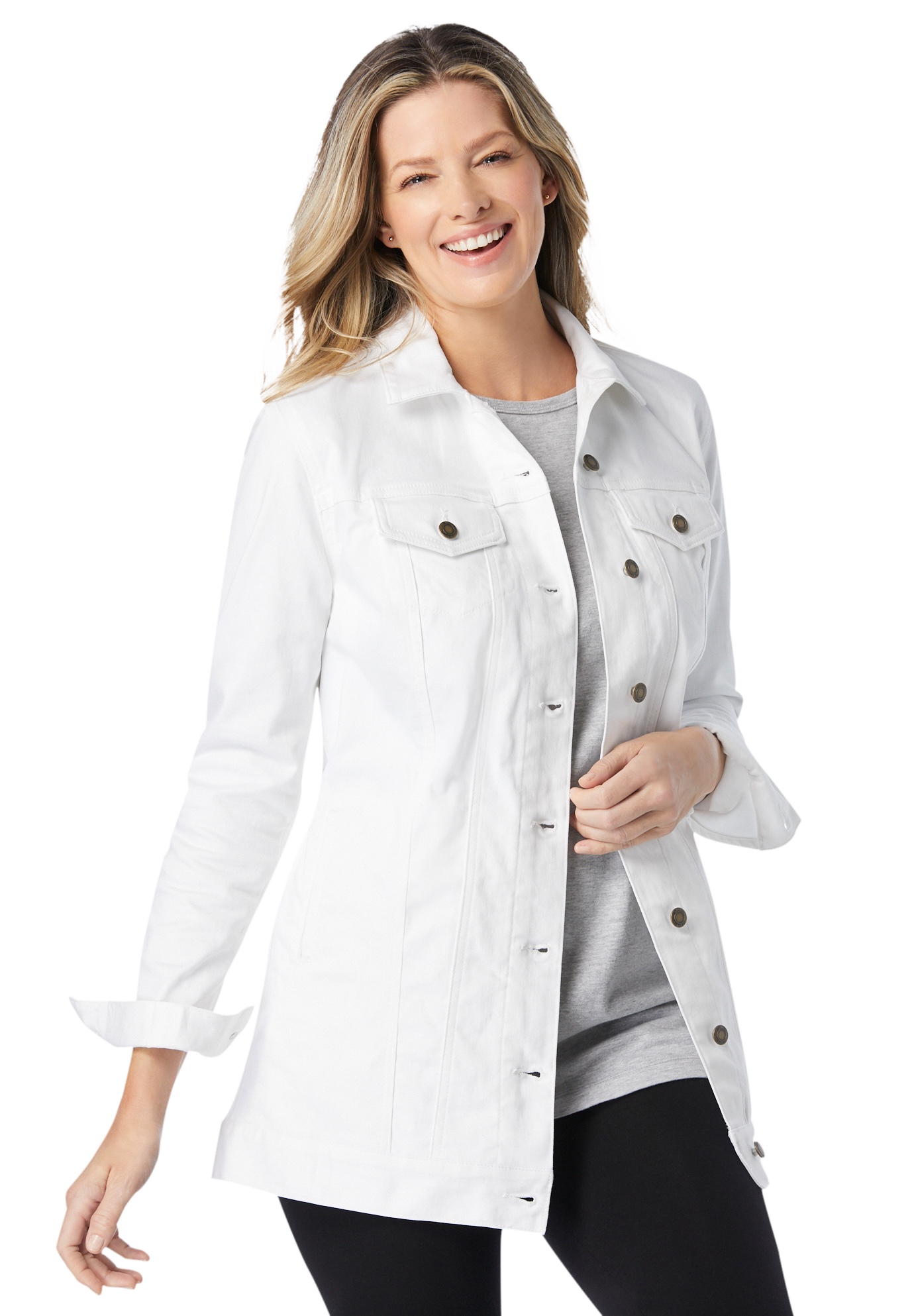Woman Within Plus Size Long Stretch Denim Jacket Oversized Jean Jacket - 24 W, White - image 1 of 6