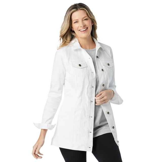 Woman Within Plus Size Long Stretch Denim Jacket Oversized Jean Jacket - 24 W, White