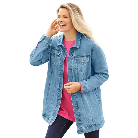Woman Within Plus Size Long Stretch Denim Jacket Oversized Jean Jacket