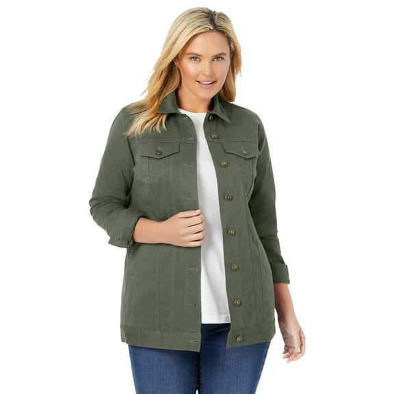 Woman Within Plus Size Long Stretch Denim Jacket Oversized Jean Jacket