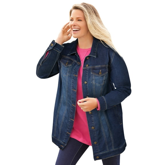 Woman Within Plus Size Long Stretch Denim Jacket Oversized Jean Jacket