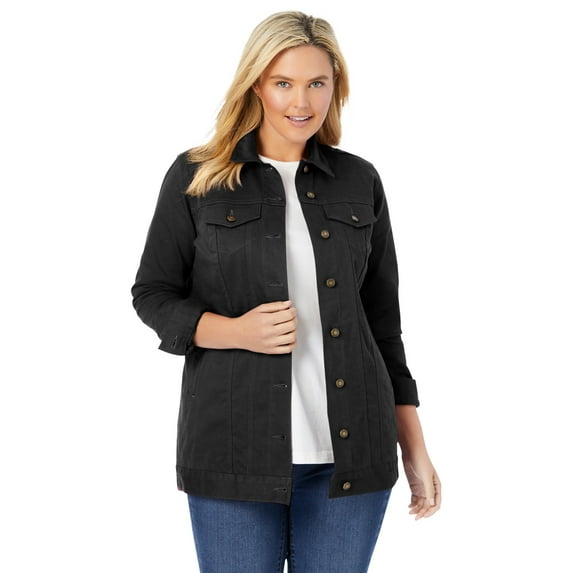 Woman Within Plus Size Long Stretch Denim Jacket Oversized Jean Jacket