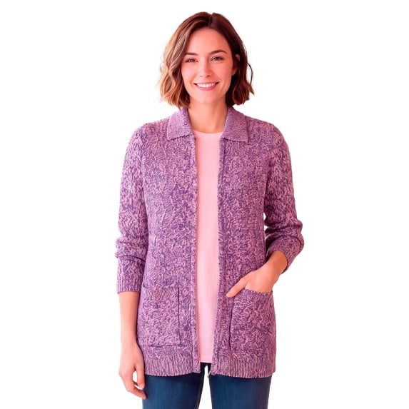 Woman Within Plus Size Marled Zip-Front Cable Knit Cardigan Sweater