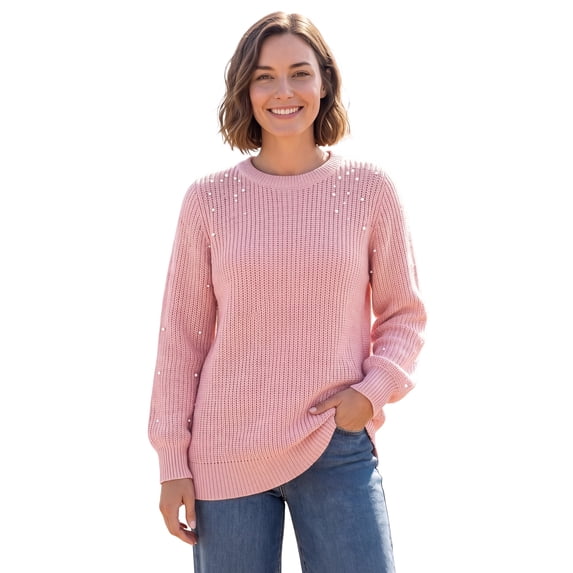Woman Within Plus Size Pearl-Embellished Scoop Neck Sweater