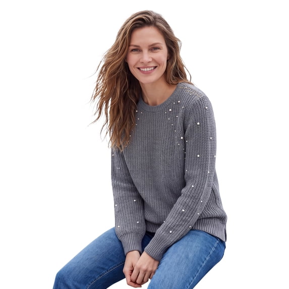 Woman Within Plus Size Pearl-Embellished Scoop Neck Sweater