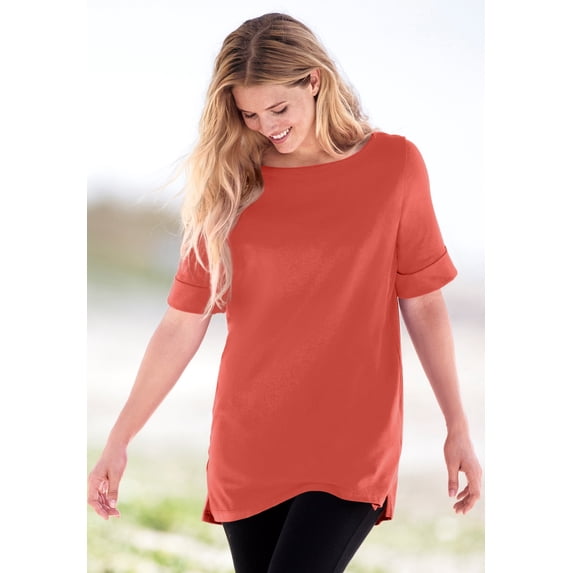 Woman Within Plus Size Perfect Cuffed Elbow-Sleeve Boat-Neck Tee