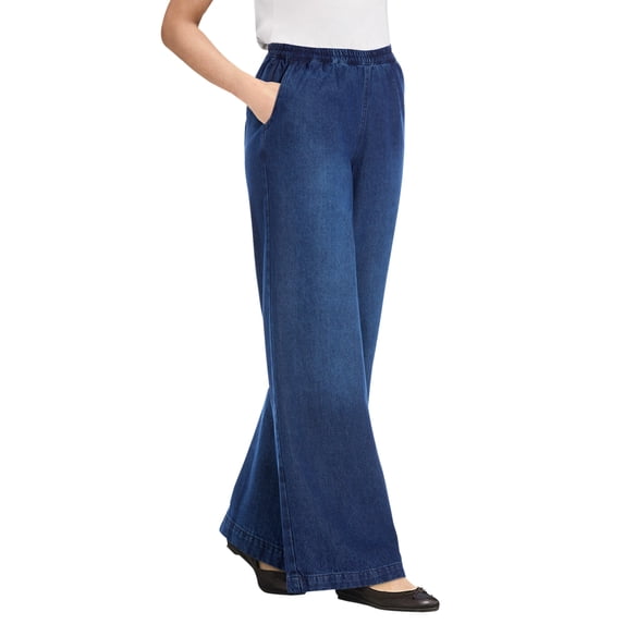 Woman Within Plus Size Perfect Elastic-Waist Wide-Leg All-Cotton Pull-On Denim Jeans