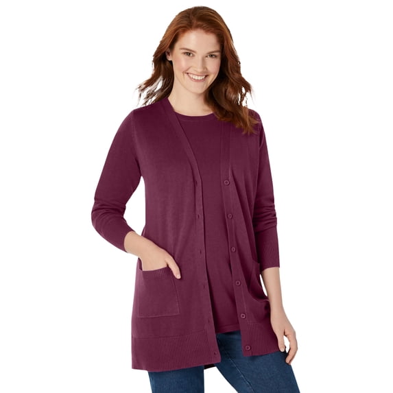 Woman Within Plus Size Perfect Longer-Length Cotton Cardigan Sweater