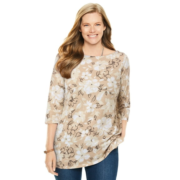 Woman Within Plus Size Perfect Printed Elbow-Sleeve Boatneck Tee