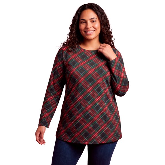Woman Within Plus Size Perfect Printed Long-Sleeve Crewneck Tee