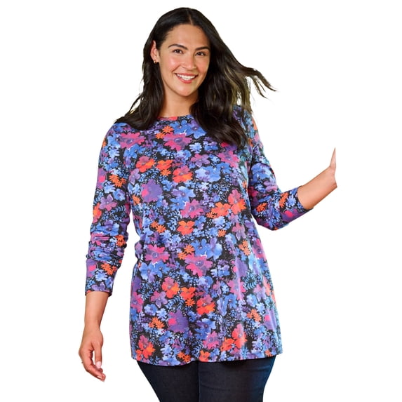 Woman Within Plus Size Perfect Printed Long-Sleeve Crewneck Tee