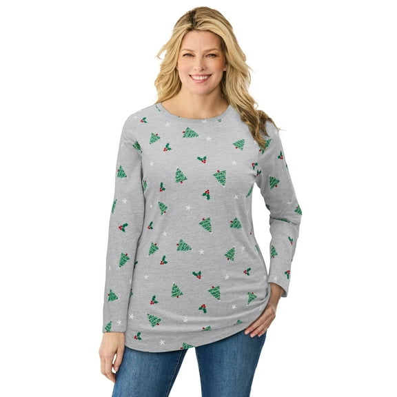 Woman Within Plus Size Perfect Printed Long-Sleeve Crewneck Tee