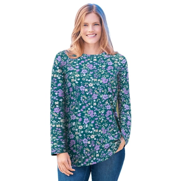 Woman Within Plus Size Perfect Printed Long-Sleeve Crewneck Tee