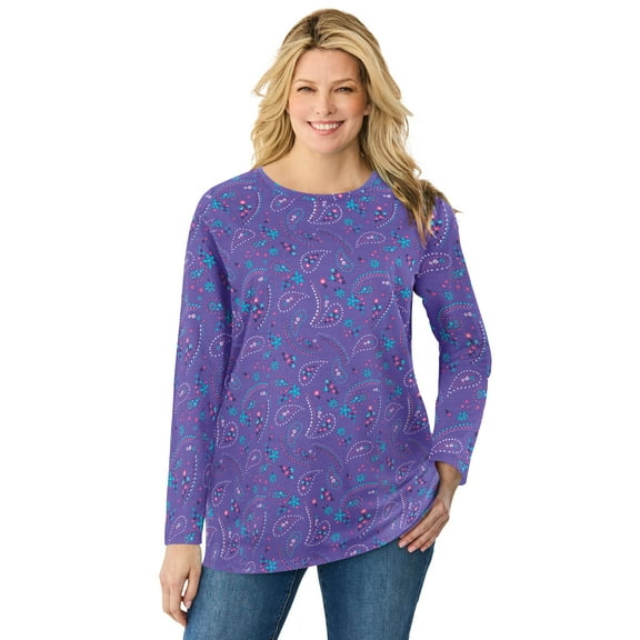 Woman Within Plus Size Perfect Printed Long-Sleeve Crewneck Tunic