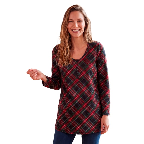 Woman Within Plus Size Perfect Printed Long-Sleeve Henley Tee