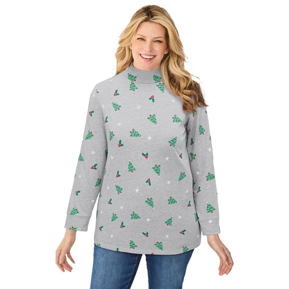Woman Within Plus Size Perfect Printed Long-Sleeve Mockneck Tee