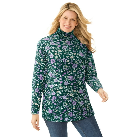 Woman Within Plus Size Perfect Printed Long-Sleeve Turtleneck Tee