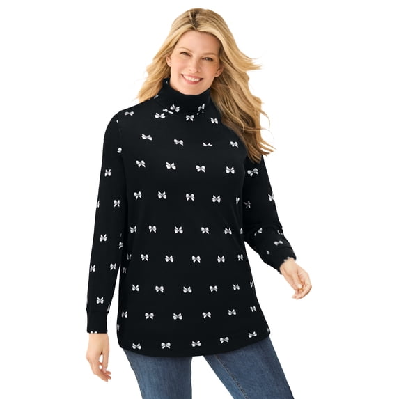 Woman Within Plus Size Perfect Printed Long-Sleeve Turtleneck Tee