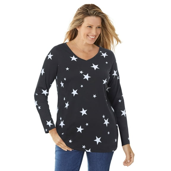 Woman Within Plus Size Perfect Printed Long-Sleeve V-Neck Tee