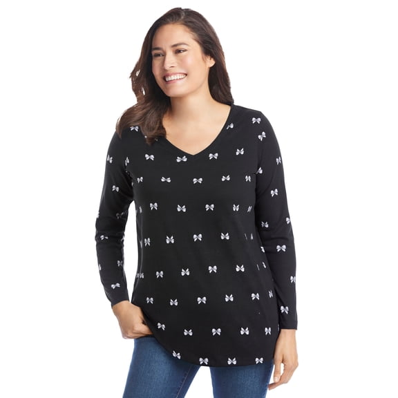 Woman Within Plus Size Perfect Printed Long-Sleeve V-Neck Tee