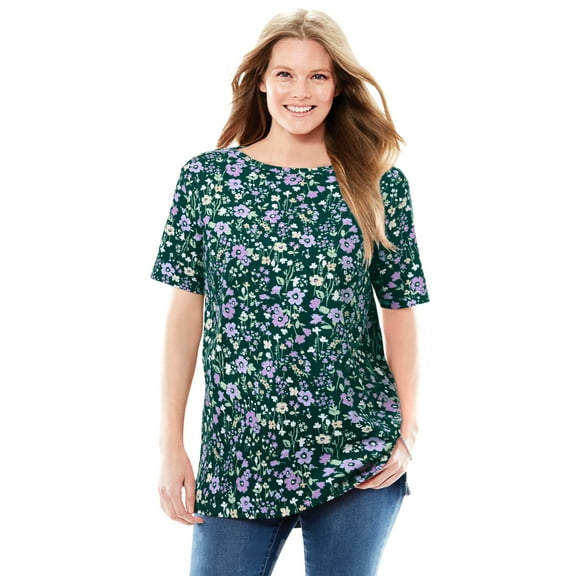 Woman Within Plus Size Perfect Printed Short-Sleeve Boatneck Tunic
