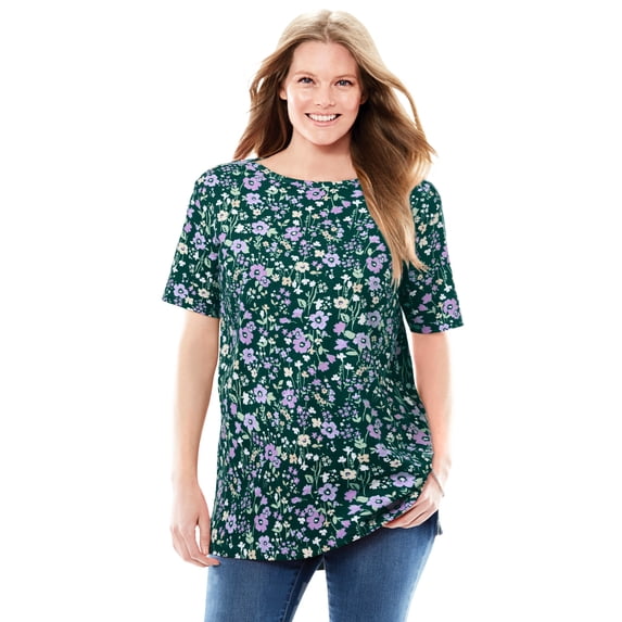 Woman Within Plus Size Perfect Printed Short-Sleeve Boatneck Tunic