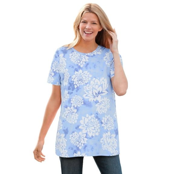 Woman Within Plus Size Perfect Printed Short-Sleeve Crewneck Tee