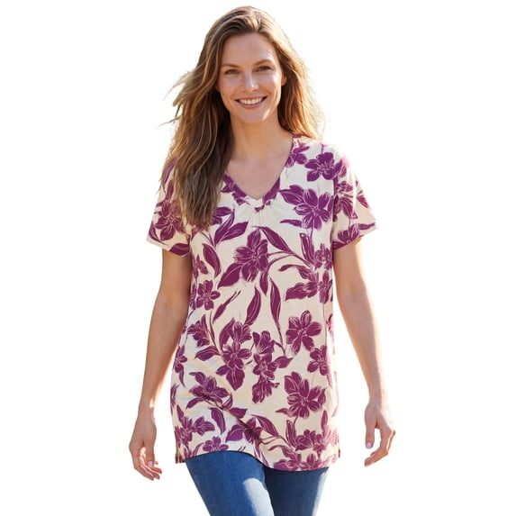 Woman Within Plus Size Perfect Printed Short-Sleeve Shirred V-Neck Tunic