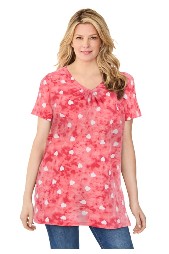Plus Size Perfect Printed Short-Sleeve Shirred V-Neck Tunic